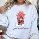 Medium Ash Light Gray Christmas Is Coming Santa Throne Festive Cozy Fleece Edition Premium Limited Winter Holiday Sweatshirt