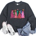 XXL Dark Gray Heather Bright Christmas Trees Festive Night Sky With Ornaments And Pinecones Graphic Sweatshirt