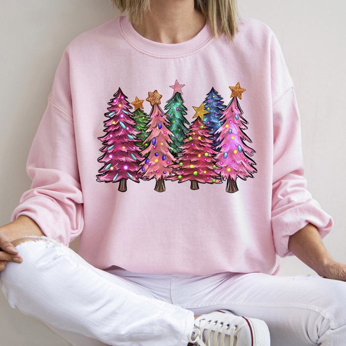 Bright Christmas Trees Festive Night Sky With Ornaments And Pinecones Graphic Sweatshirt