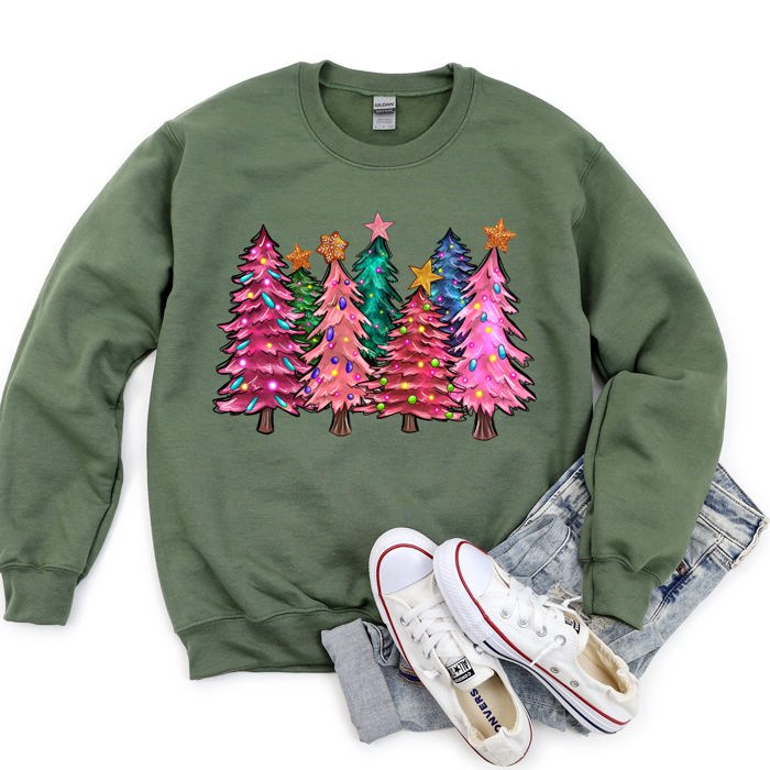 Bright Christmas Trees Festive Night Sky With Ornaments And Pinecones Graphic Sweatshirt