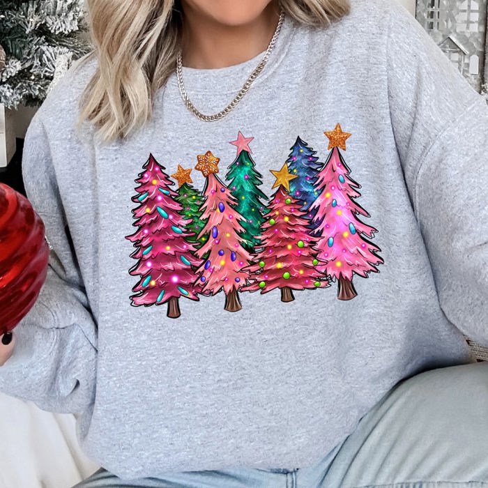 Bright Christmas Trees Festive Night Sky With Ornaments And Pinecones Graphic Sweatshirt