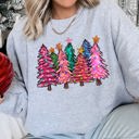 XL Heather Sport Gray Bright Christmas Trees Festive Night Sky With Ornaments And Pinecones Graphic Sweatshirt