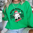 Small Irish Bright Green Better Watch Out Ghost Christmas Cozy Graphic Design For Holiday Parties And Cozy Nights Sweatshirt