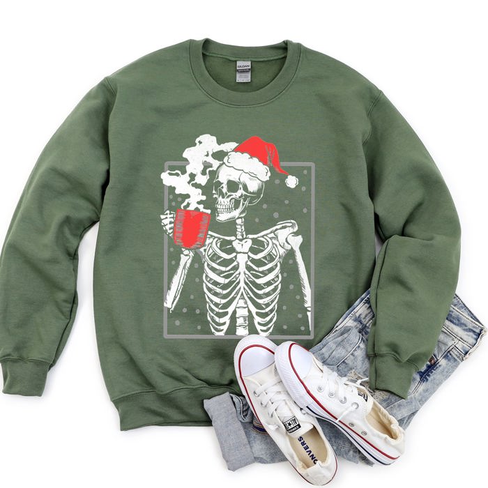 Santa Skeleton Coffee Vintage Christmas Night Limited Edition Cozy Graphic Sweatshirt