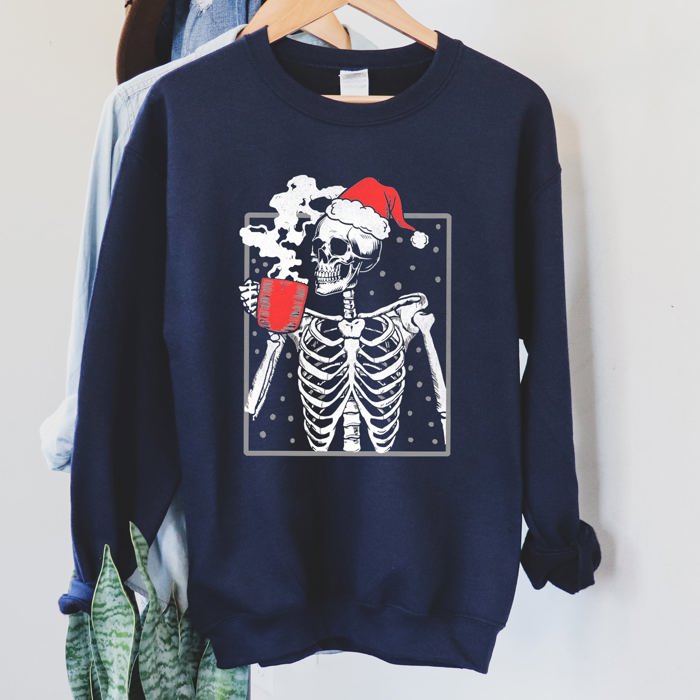 Santa Skeleton Coffee Vintage Christmas Night Limited Edition Cozy Graphic Sweatshirt