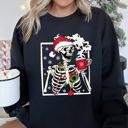Large Black Santa Skeleton Coffee Retro Christmas Cozy Holiday Vintage Cartoon Festive Sweatshirt