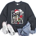 Small Dark Gray Heather Santa Skeleton Coffee Retro Christmas Cozy Holiday Vintage Cartoon Festive Sweatshirt