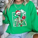 Small Irish Bright Green Santa Skeleton Coffee Retro Christmas Cozy Holiday Vintage Cartoon Festive Sweatshirt