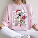 XL Light Pink Santa Skeleton Coffee Retro Christmas Cozy Holiday Vintage Cartoon Festive Sweatshirt