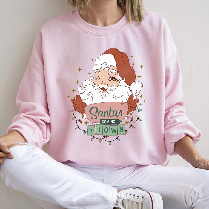 Santa Is Coming To Town Retro Christmas Nostalgic Graphic Festive Holiday Cheer Vintage Style Sweatshirt