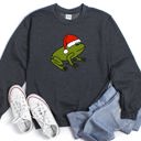 XXL Dark Gray Heather Santa Frog Christmas Retro Toad Vintage Cartoon Illustration Festive Holiday Cozy Sweatshirt