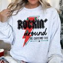 Small Ash Light Gray Rocking Around The Christmas Tree, Lightning Bolt Festive Holiday Graphic Sweatshirt