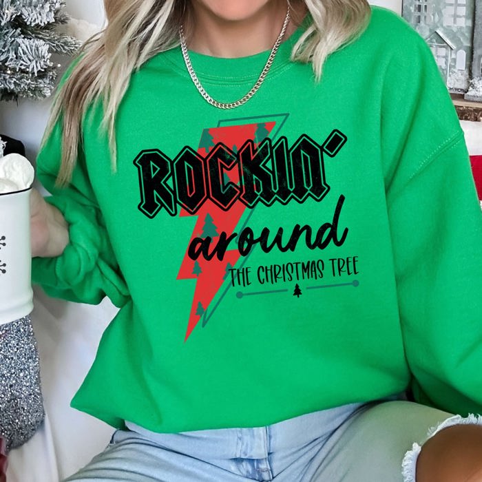 Rocking Around The Christmas Tree, Lightning Bolt Festive Holiday Graphic Sweatshirt