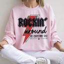 Small Light Pink Rocking Around The Christmas Tree, Lightning Bolt Festive Holiday Graphic Sweatshirt