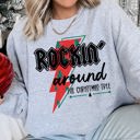XL Heather Sport Gray Rocking Around The Christmas Tree, Lightning Bolt Festive Holiday Graphic Sweatshirt