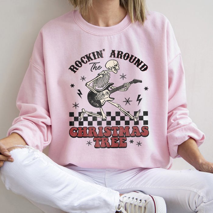 Rocking Around The Christmas Tree Skeleton Rock Holiday Ornament Edition Sweatshirt