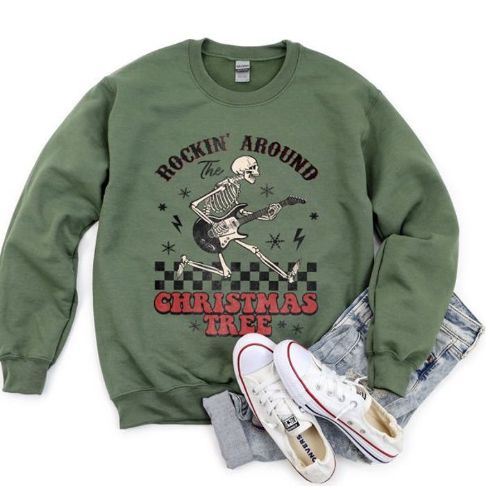 Rocking Around The Christmas Tree Skeleton Rock Holiday Ornament Edition Sweatshirt