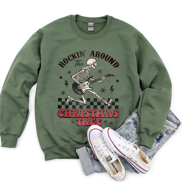 Rocking Around The Christmas Tree Skeleton Rock Holiday Ornament Edition Sweatshirt