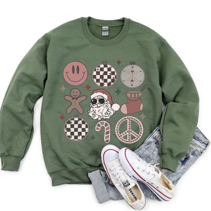 Retro Santa Christmas Peace Snowflake Cozy Fleece Winter Holiday Festive Sweatshirt