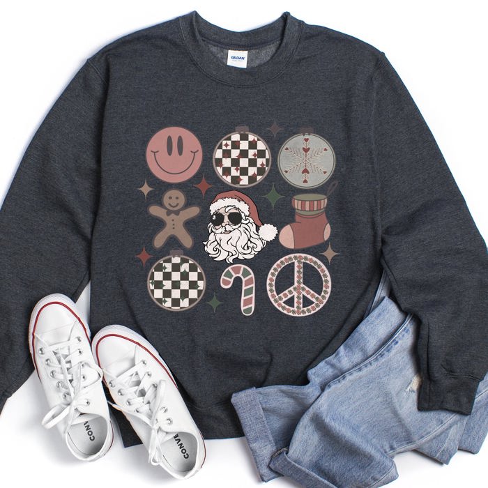 Retro Santa Christmas Peace Snowflake Cozy Fleece Winter Holiday Festive Sweatshirt