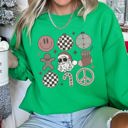 Large Irish Bright Green Retro Santa Christmas Peace Snowflake Cozy Fleece Winter Holiday Festive Sweatshirt