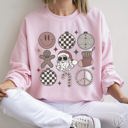 Large Light Pink Retro Santa Christmas Peace Snowflake Cozy Fleece Winter Holiday Festive Sweatshirt