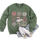 Small Military Green Retro Santa Christmas Peace Snowflake Cozy Fleece Winter Holiday Festive Sweatshirt