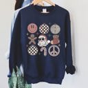XXL Navy Retro Santa Christmas Peace Snowflake Cozy Fleece Winter Holiday Festive Sweatshirt
