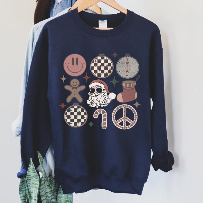 Retro Santa Christmas Peace Snowflake Cozy Fleece Winter Holiday Festive Sweatshirt