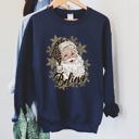  Retro Santa Believe Christmas Leopard Print Cozy Fleece Festive Classic Warm Holiday Sweatshirt