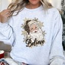 XL Ash Light Gray Retro Santa Believe Christmas Leopard Print Cozy Fleece Festive Classic Warm Holiday Sweatshirt