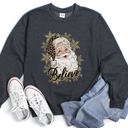 Small Dark Gray Heather Retro Santa Believe Christmas Leopard Print Cozy Fleece Festive Classic Warm Holiday Sweatshirt