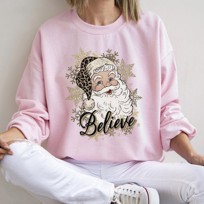 Retro Santa Believe Christmas Leopard Print Cozy Fleece Festive Classic Warm Holiday Sweatshirt