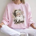 Medium Light Pink Retro Santa Believe Christmas Leopard Print Cozy Fleece Festive Classic Warm Holiday Sweatshirt