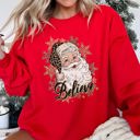 Large Red Retro Santa Believe Christmas Leopard Print Cozy Fleece Festive Classic Warm Holiday Sweatshirt