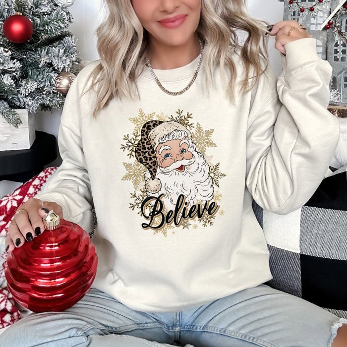 Retro Santa Believe Christmas Leopard Print Cozy Fleece Festive Classic Warm Holiday Sweatshirt