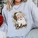 XL Heather Sport Gray Retro Santa Believe Christmas Leopard Print Cozy Fleece Festive Classic Warm Holiday Sweatshirt