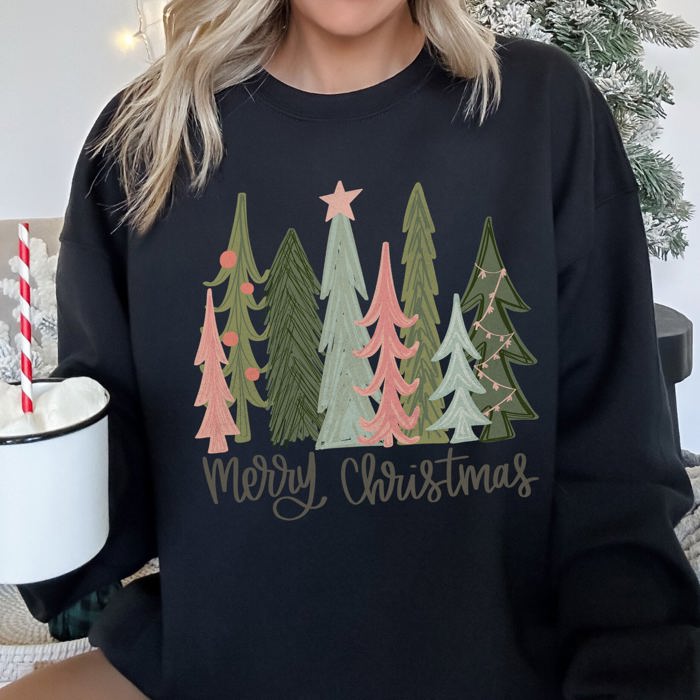 Retro Merry Christmas Trees Vintage Winter Holiday Charm Festive Cozy Graphic Sweatshirt