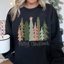 Medium Black Retro Merry Christmas Trees Vintage Winter Holiday Charm Festive Cozy Graphic Sweatshirt