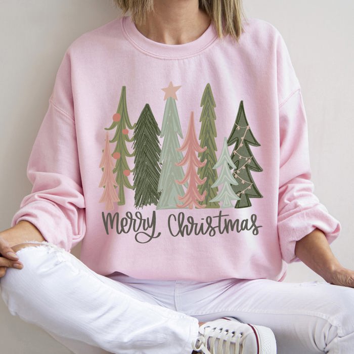 Retro Merry Christmas Trees Vintage Winter Holiday Charm Festive Cozy Graphic Sweatshirt