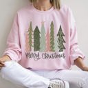 Large Light Pink Retro Merry Christmas Trees Vintage Winter Holiday Charm Festive Cozy Graphic Sweatshirt