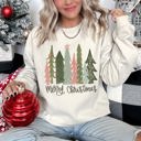 XL Sand Retro Merry Christmas Trees Vintage Winter Holiday Charm Festive Cozy Graphic Sweatshirt