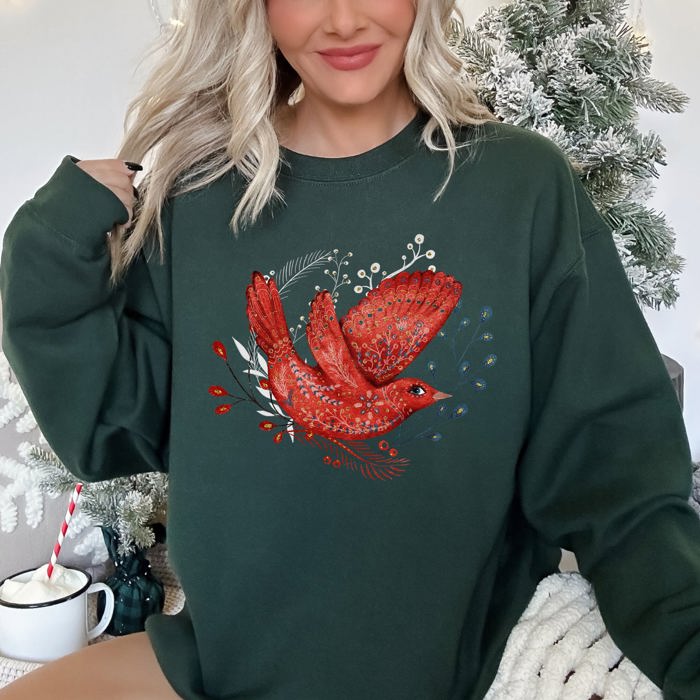 Red Bird Folk Art Scandinavian Winter Christmas Scene Cozy Festive Holiday Sweatshirt