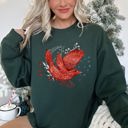 Small Forest Green Red Bird Folk Art Scandinavian Winter Christmas Scene Cozy Festive Holiday Sweatshirt