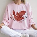Large Light Pink Red Bird Folk Art Scandinavian Winter Christmas Scene Cozy Festive Holiday Sweatshirt
