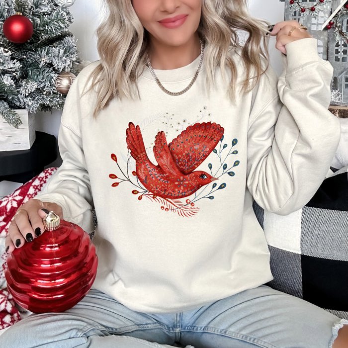 Red Bird Folk Art Scandinavian Winter Christmas Scene Cozy Festive Holiday Sweatshirt