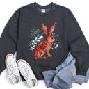 Small Dark Gray Heather Rabbit Folk Art Inspired Scandinavian Winter Christmas Illustrated Cozy Holiday Graphic Sweatshirt