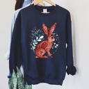 Large Navy Rabbit Folk Art Inspired Scandinavian Winter Christmas Illustrated Cozy Holiday Graphic Sweatshirt