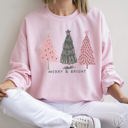 Large Light Pink Pastel Christmas Trees Merry And Bright Holiday Print Ultra Cozy Fleece Sweatshirt