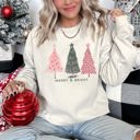 Medium Sand Pastel Christmas Trees Merry And Bright Holiday Print Ultra Cozy Fleece Sweatshirt